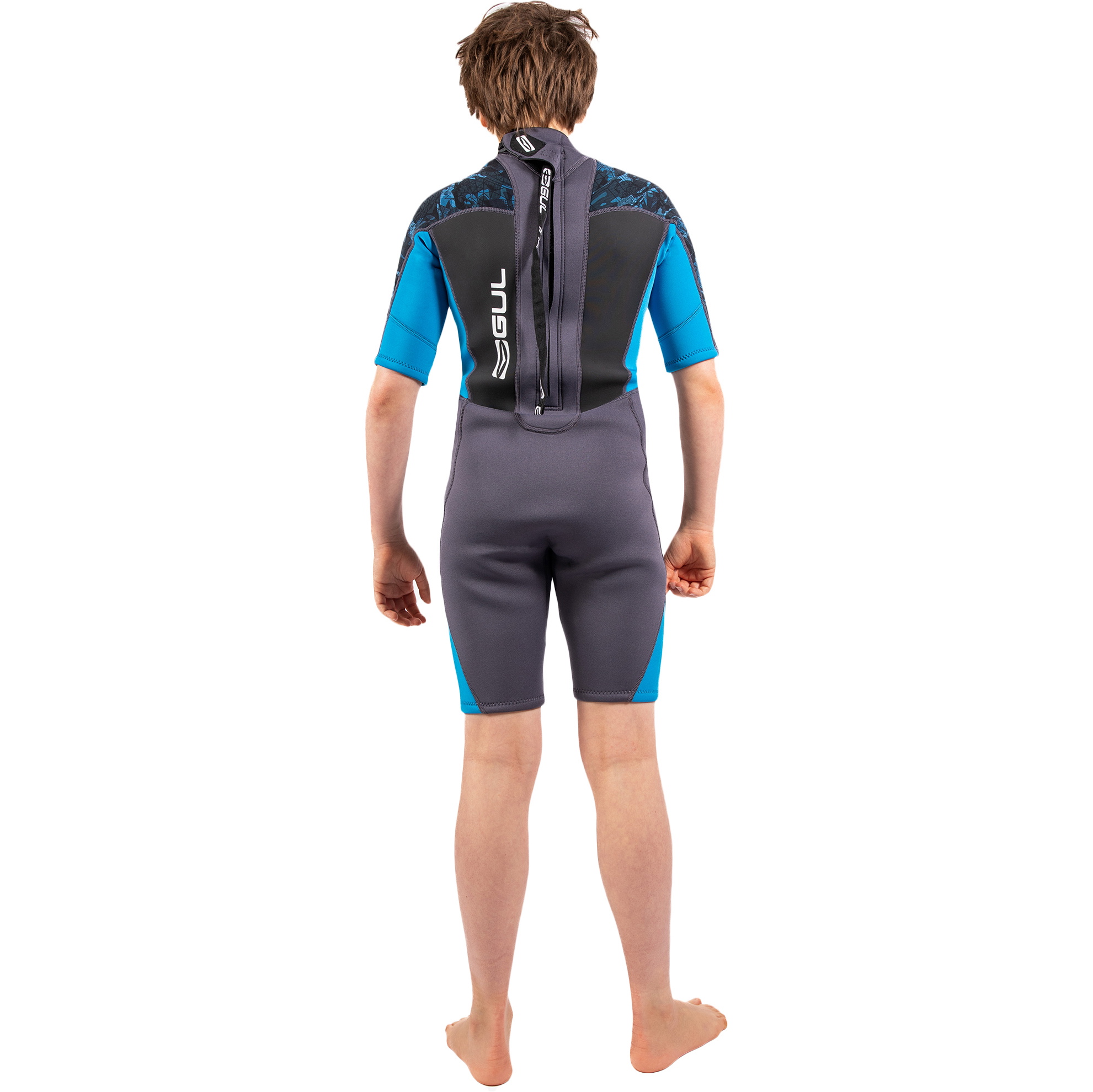 2026 Gul Junior Response 3/2mm Back Zip Shorty Våddragt Re3322-c1 - Grå / Blå